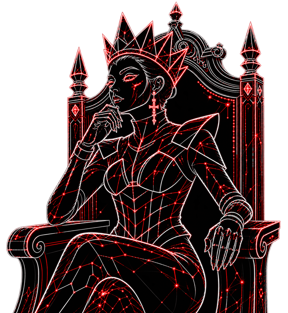 Red Queen seated on her throne, drawn in white and red circuitry